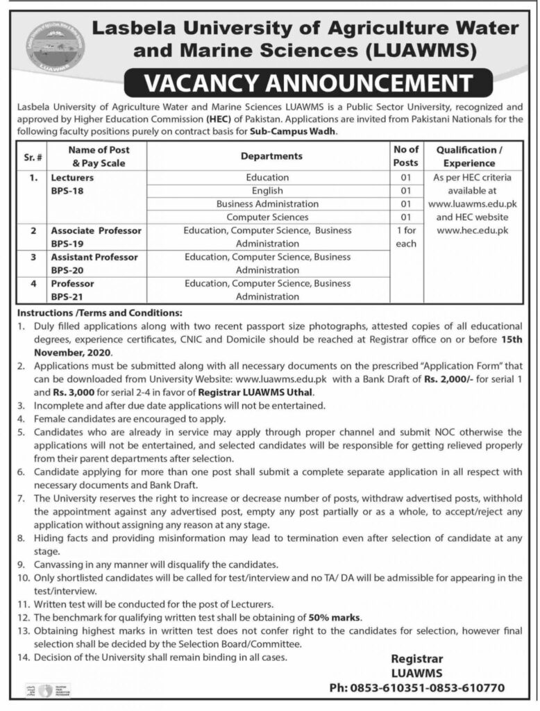 Lasbela University of Agriculture Water & Marine Sciences LUAWMS Jobs 2020