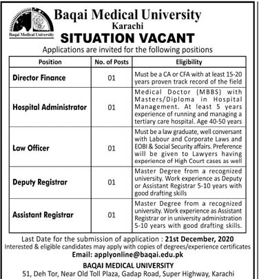 Baqai Medical University BMU Jobs 2020 