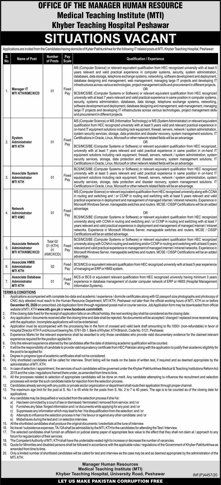 Khyber Teaching Hospital KTH Jobs 2020