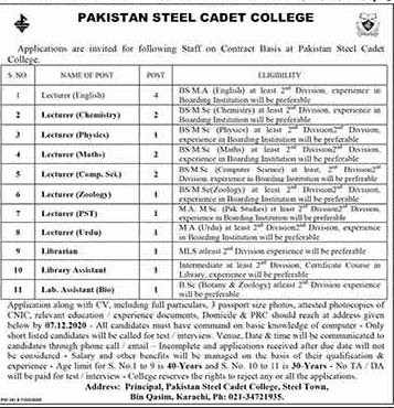 Pakistan Steel Cadet College Jobs 2020