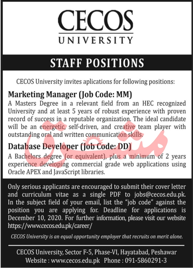 Cecos University Peshawar Jobs 2020